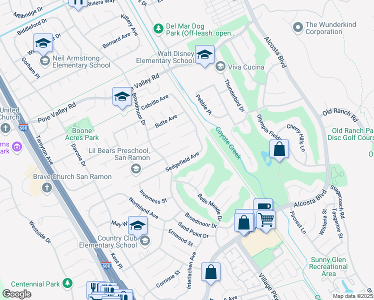 map of restaurants, bars, coffee shops, grocery stores, and more near 7393 Hillsboro Avenue in San Ramon