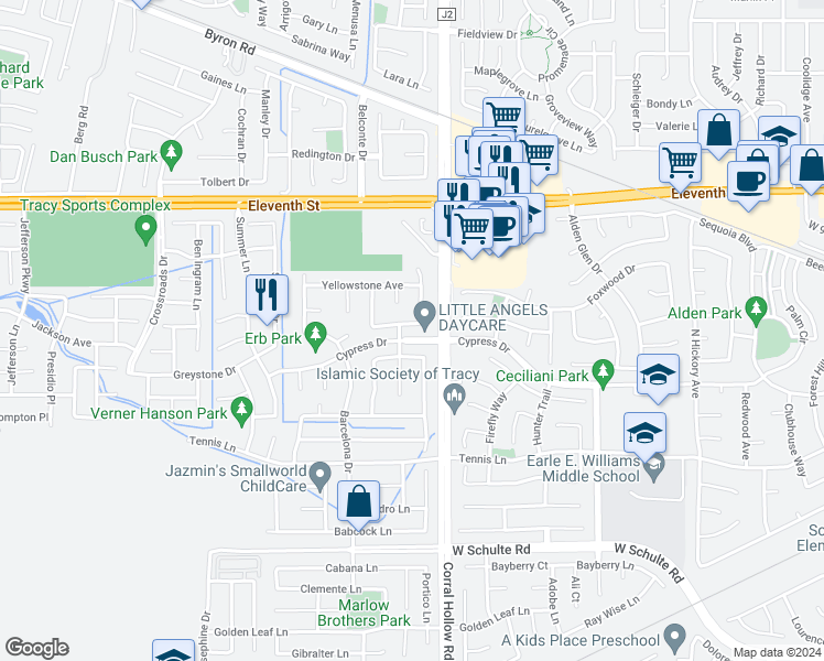 map of restaurants, bars, coffee shops, grocery stores, and more near 2086 Shenandoah Street in Tracy