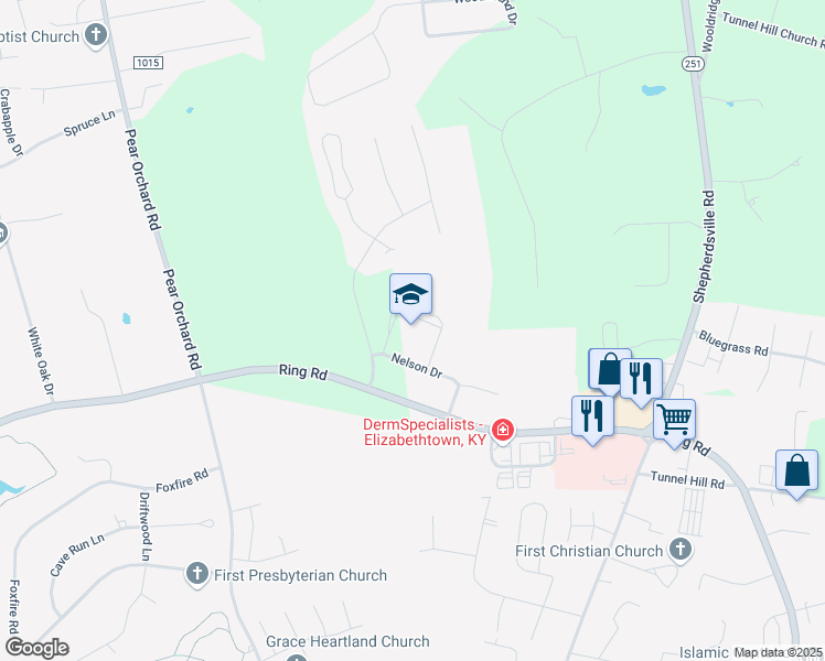 map of restaurants, bars, coffee shops, grocery stores, and more near 2300 Nelson Drive in Elizabethtown