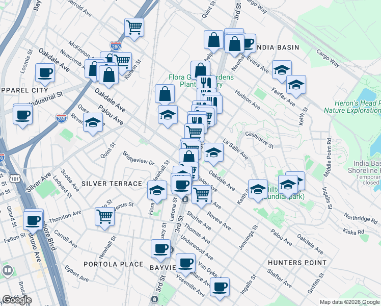 map of restaurants, bars, coffee shops, grocery stores, and more near 4712-4720 3rd Street in San Francisco