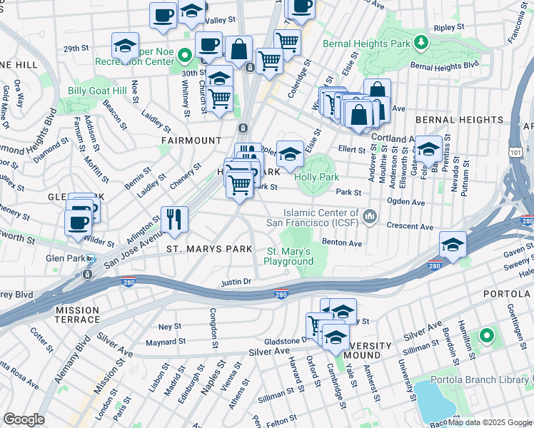 map of restaurants, bars, coffee shops, grocery stores, and more near 95 Crescent Avenue in San Francisco