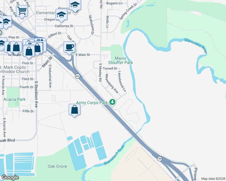 map of restaurants, bars, coffee shops, grocery stores, and more near 449 Meyenberg Avenue in Ripon