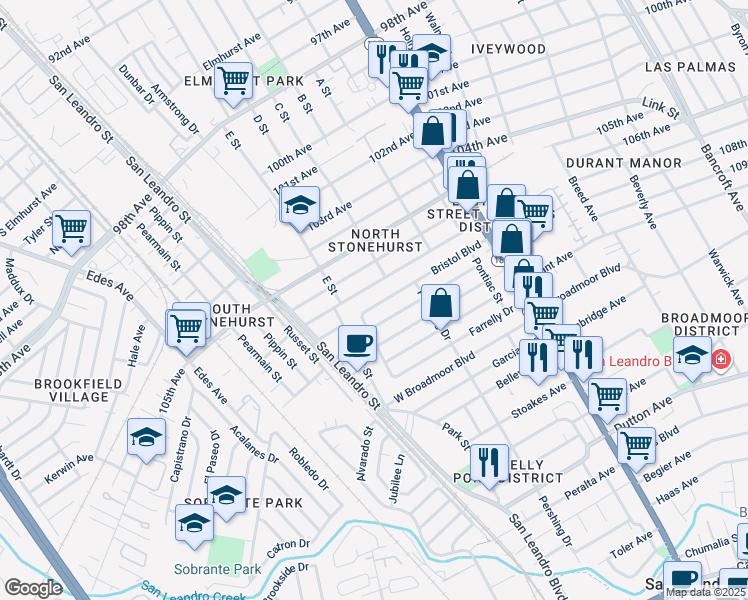 map of restaurants, bars, coffee shops, grocery stores, and more near 374 Bristol Boulevard in San Leandro