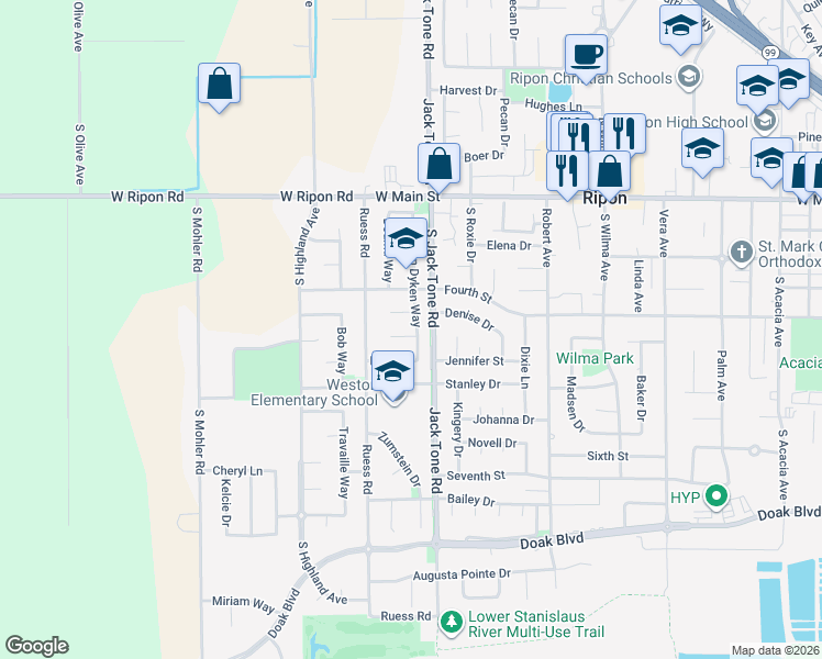 map of restaurants, bars, coffee shops, grocery stores, and more near 1629 Dickey Court in Ripon