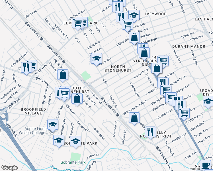 map of restaurants, bars, coffee shops, grocery stores, and more near 975 107th Avenue in Oakland