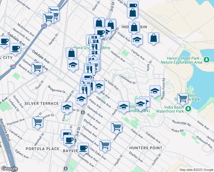 map of restaurants, bars, coffee shops, grocery stores, and more near 1538 McKinnon Avenue in San Francisco