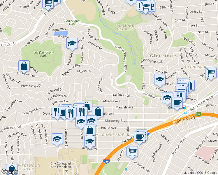 map of restaurants, bars, coffee shops, grocery stores, and more near 44 Vista Verde Court in San Francisco