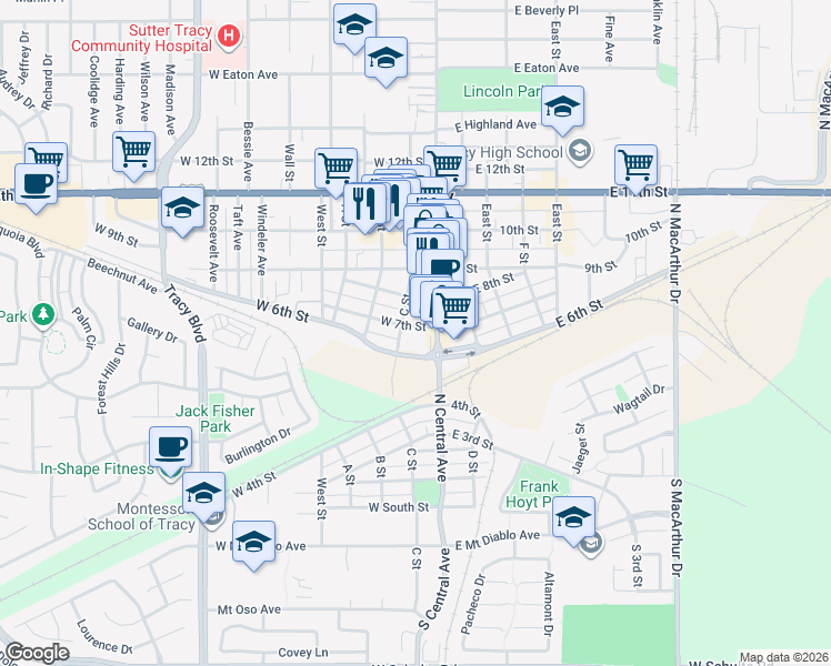 map of restaurants, bars, coffee shops, grocery stores, and more near 32 West 7th Street in Tracy