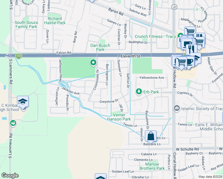 map of restaurants, bars, coffee shops, grocery stores, and more near 710 Ben Ingram Lane in Tracy