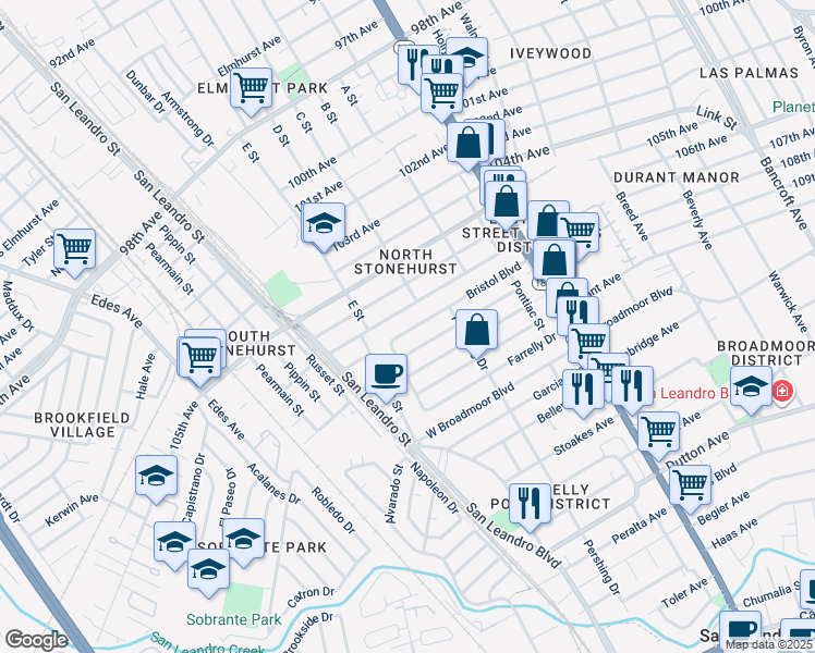 map of restaurants, bars, coffee shops, grocery stores, and more near 374 Bristol Boulevard in San Leandro