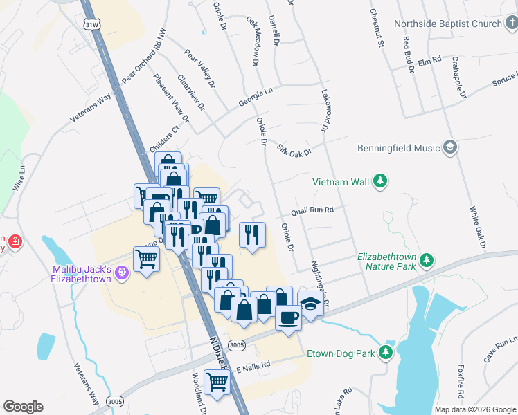 map of restaurants, bars, coffee shops, grocery stores, and more near 1804 Oriole Drive in Elizabethtown