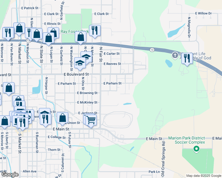 map of restaurants, bars, coffee shops, grocery stores, and more near 1100 East Griggs Street in Marion