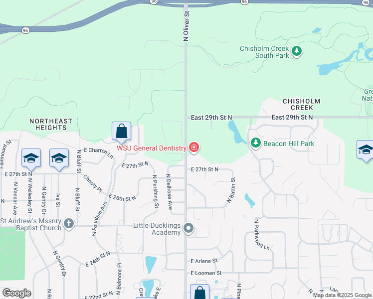 map of restaurants, bars, coffee shops, grocery stores, and more near 2875 North Oliver Street in Wichita