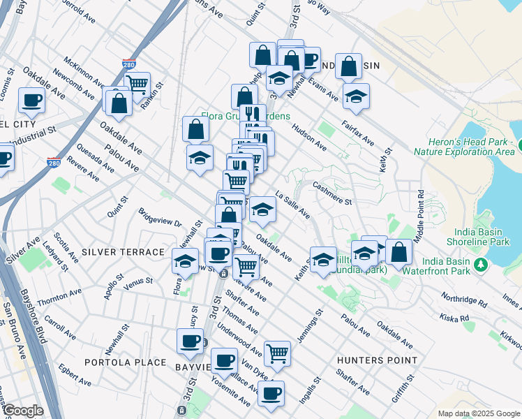 map of restaurants, bars, coffee shops, grocery stores, and more near 1215 Mendell Street in San Francisco