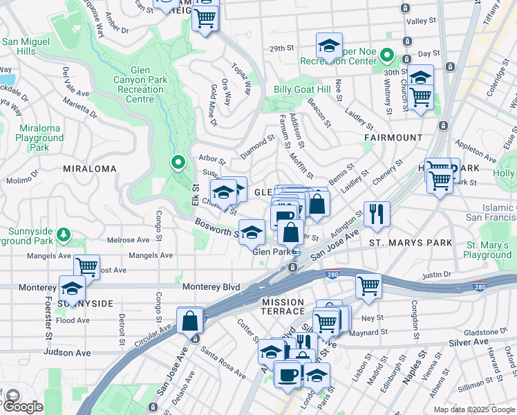 map of restaurants, bars, coffee shops, grocery stores, and more near 34 Lippard Avenue in San Francisco