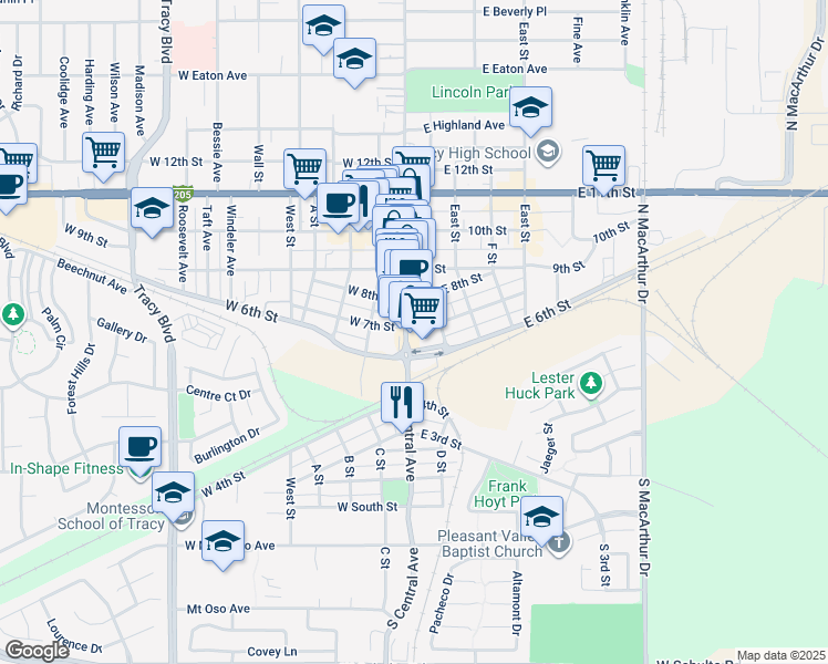 map of restaurants, bars, coffee shops, grocery stores, and more near 628 South Central Avenue in Tracy