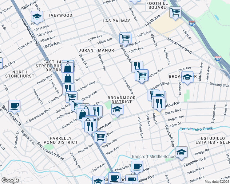 map of restaurants, bars, coffee shops, grocery stores, and more near 355 Beverly Avenue in San Leandro