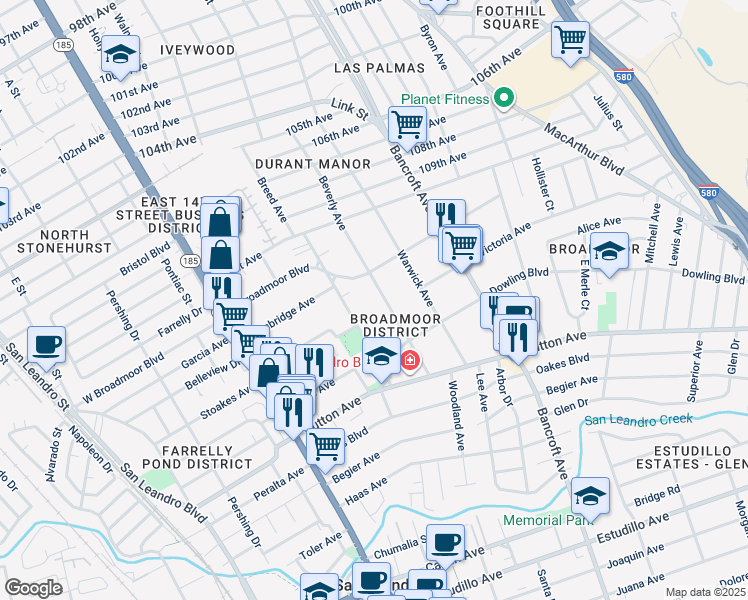 map of restaurants, bars, coffee shops, grocery stores, and more near 355 Beverly Avenue in San Leandro