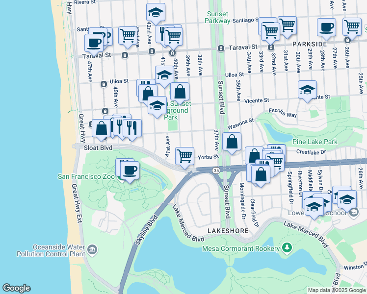 map of restaurants, bars, coffee shops, grocery stores, and more near 2754 40th Avenue in San Francisco