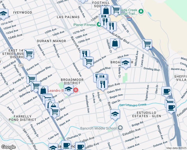 map of restaurants, bars, coffee shops, grocery stores, and more near 595 Dowling Boulevard in San Leandro