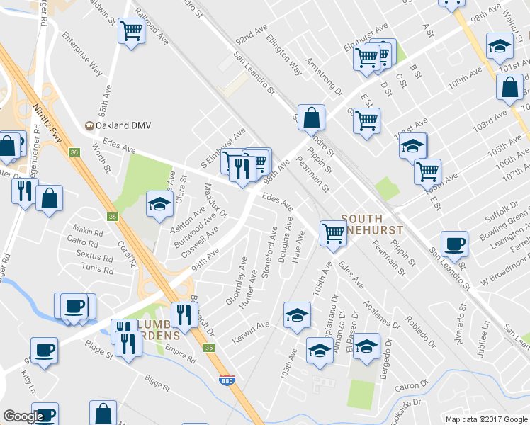 map of restaurants, bars, coffee shops, grocery stores, and more near 9843 Lyndhurst Street in Oakland