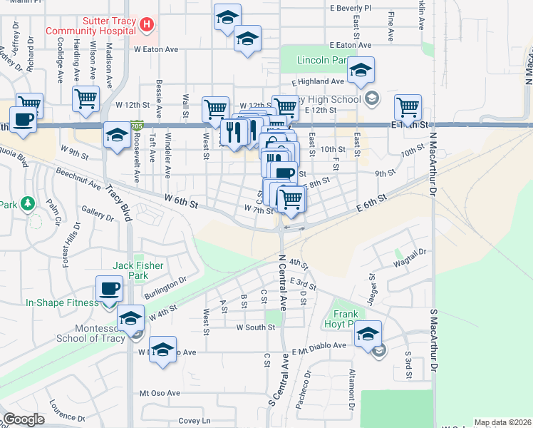 map of restaurants, bars, coffee shops, grocery stores, and more near 32 West 7th Street in Tracy