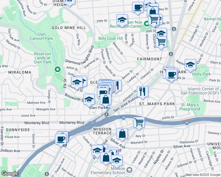 map of restaurants, bars, coffee shops, grocery stores, and more near 30 Surrey Street in San Francisco