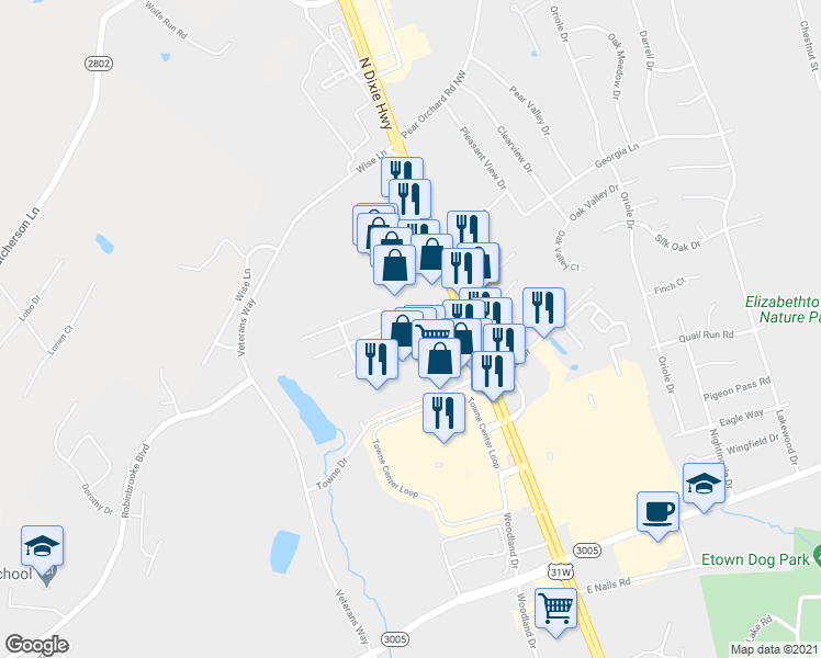 map of restaurants, bars, coffee shops, grocery stores, and more near 109 Routt Drive in Elizabethtown