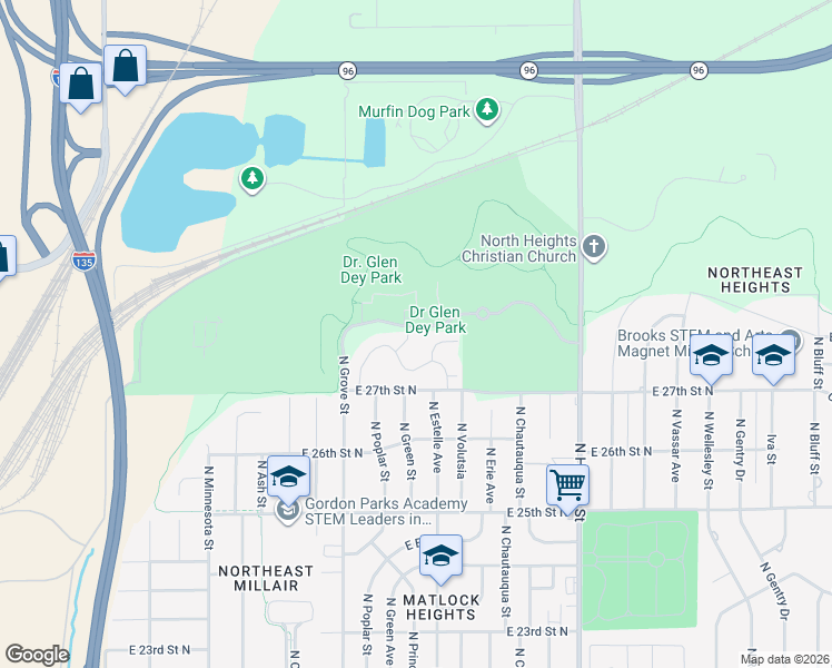 map of restaurants, bars, coffee shops, grocery stores, and more near 2538 East Conquest Court in Wichita