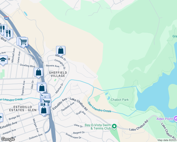 map of restaurants, bars, coffee shops, grocery stores, and more near 11740 Cranford Way in Oakland