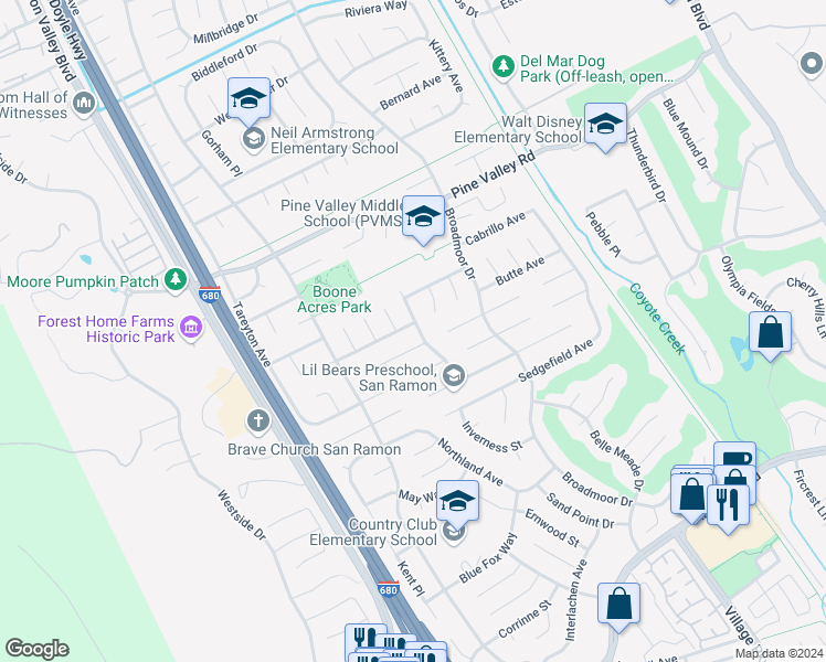 map of restaurants, bars, coffee shops, grocery stores, and more near 2938 Laramie Avenue in San Ramon