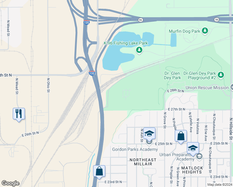 map of restaurants, bars, coffee shops, grocery stores, and more near 2808 North Hydraulic Street in Wichita