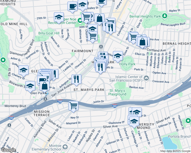 map of restaurants, bars, coffee shops, grocery stores, and more near 189 College Avenue in San Francisco