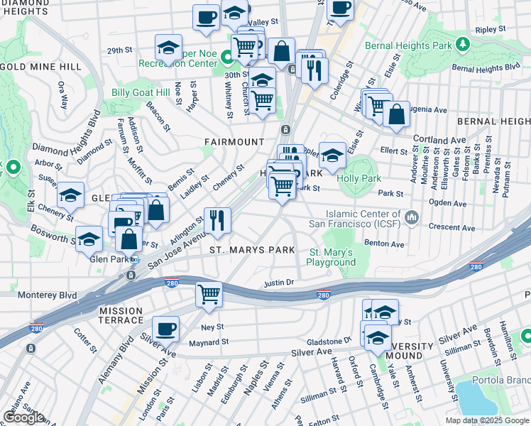 map of restaurants, bars, coffee shops, grocery stores, and more near 177 College Avenue in San Francisco