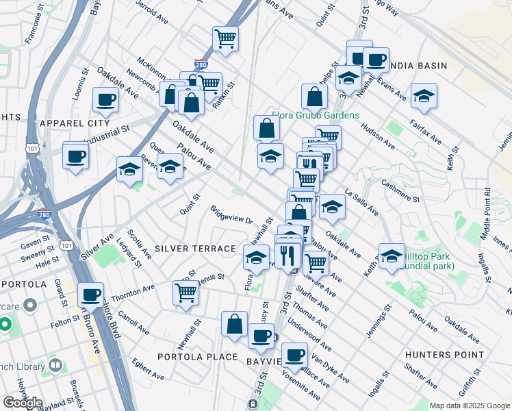 map of restaurants, bars, coffee shops, grocery stores, and more near 1755 Palou Avenue in San Francisco