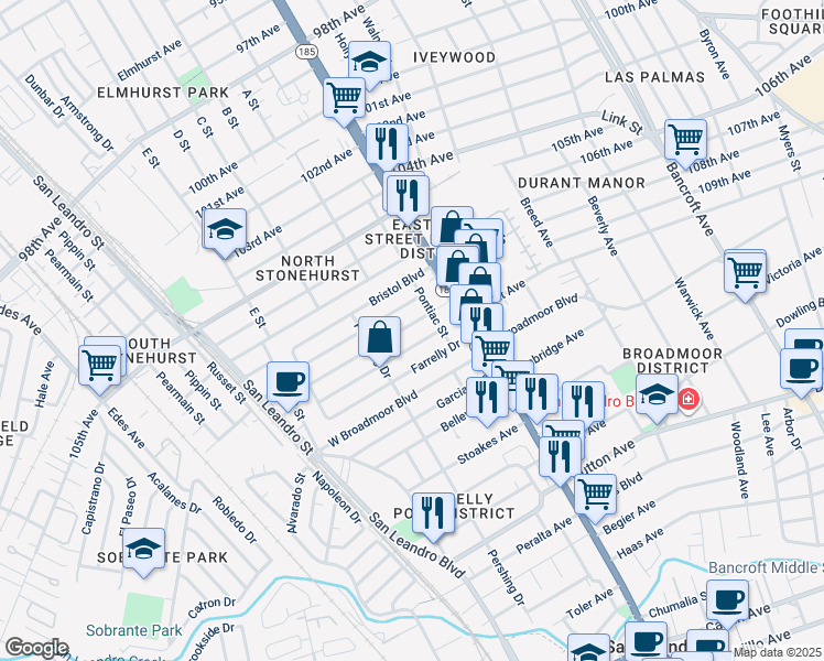 map of restaurants, bars, coffee shops, grocery stores, and more near 195 Bowling Green Street in San Leandro
