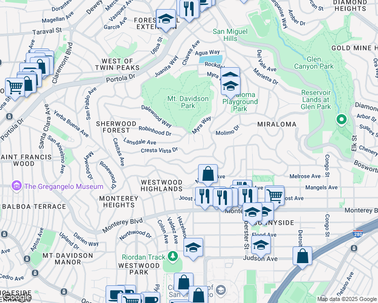 map of restaurants, bars, coffee shops, grocery stores, and more near 279 Cresta Vista Drive in San Francisco