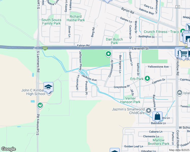 map of restaurants, bars, coffee shops, grocery stores, and more near 2760 Shofield Lane in Tracy