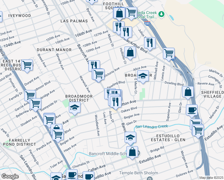 map of restaurants, bars, coffee shops, grocery stores, and more near 525 Kenilworth Avenue in San Leandro