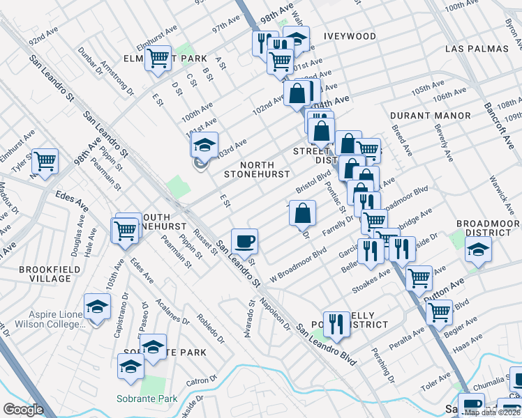 map of restaurants, bars, coffee shops, grocery stores, and more near 374 Bristol Boulevard in San Leandro