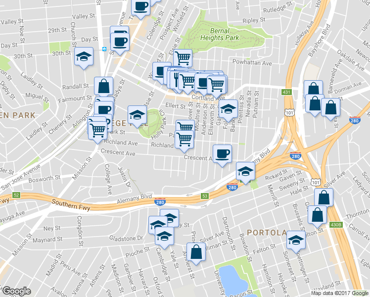 map of restaurants, bars, coffee shops, grocery stores, and more near 643 Andover Street in San Francisco