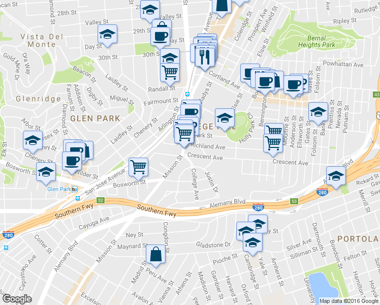 map of restaurants, bars, coffee shops, grocery stores, and more near 27 Crescent Avenue in San Francisco