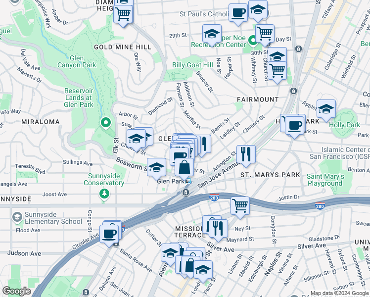 map of restaurants, bars, coffee shops, grocery stores, and more near 2788 Diamond Street in San Francisco