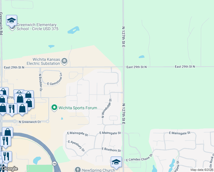 map of restaurants, bars, coffee shops, grocery stores, and more near 2930 North Woodridge Street in Wichita