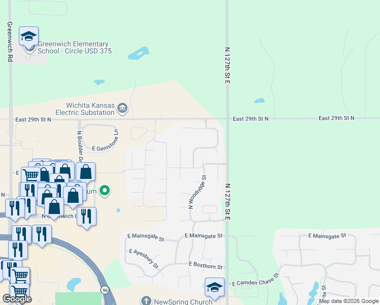 map of restaurants, bars, coffee shops, grocery stores, and more near 2930 North Woodridge Street in Wichita