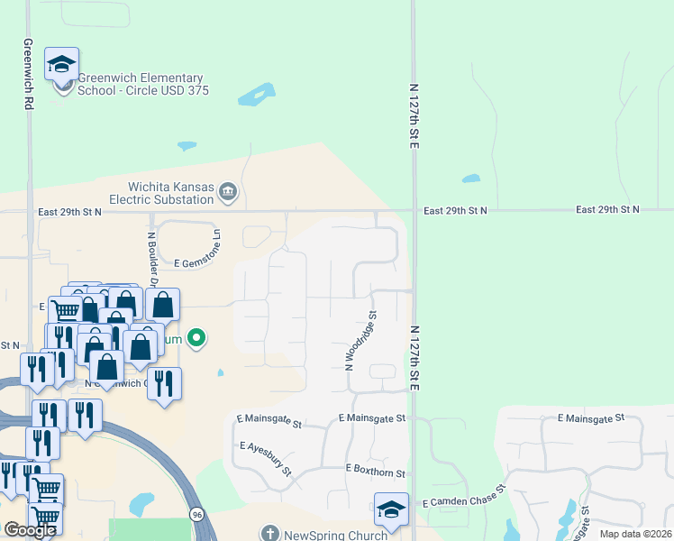map of restaurants, bars, coffee shops, grocery stores, and more near 12418 East 27th Court North in Wichita