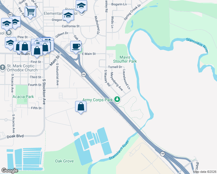map of restaurants, bars, coffee shops, grocery stores, and more near 365 South Manley Road in Ripon