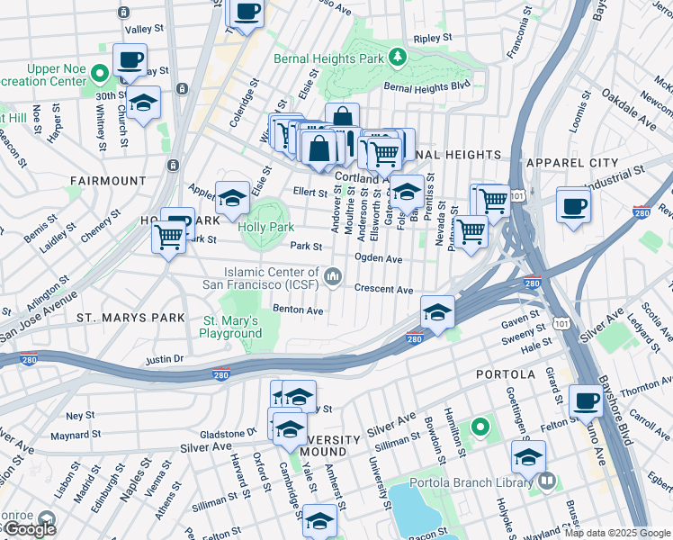 map of restaurants, bars, coffee shops, grocery stores, and more near 643 Andover Street in San Francisco