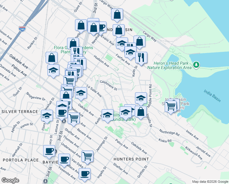 map of restaurants, bars, coffee shops, grocery stores, and more near 2 Hillview Court in San Francisco
