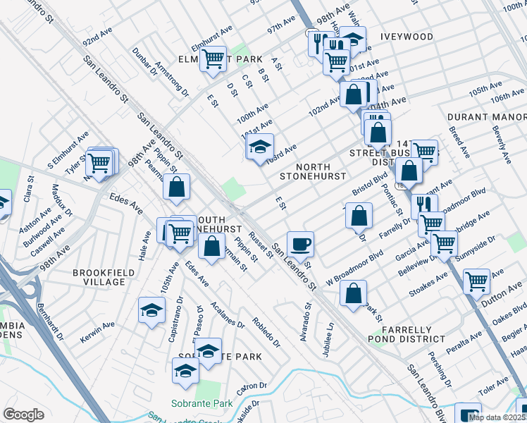 map of restaurants, bars, coffee shops, grocery stores, and more near 921 106th Avenue in Oakland